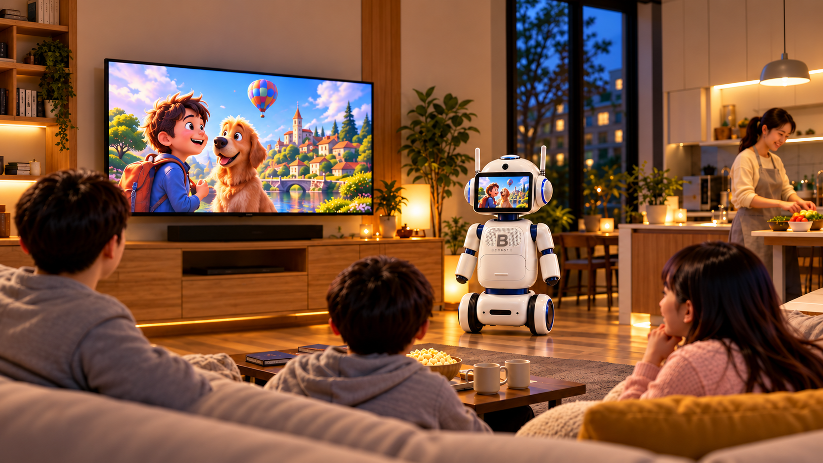 BERBATO in a family living room with a father, mother cooking, son and daughter. The animated scene is mirrored on BERBATO and the television.